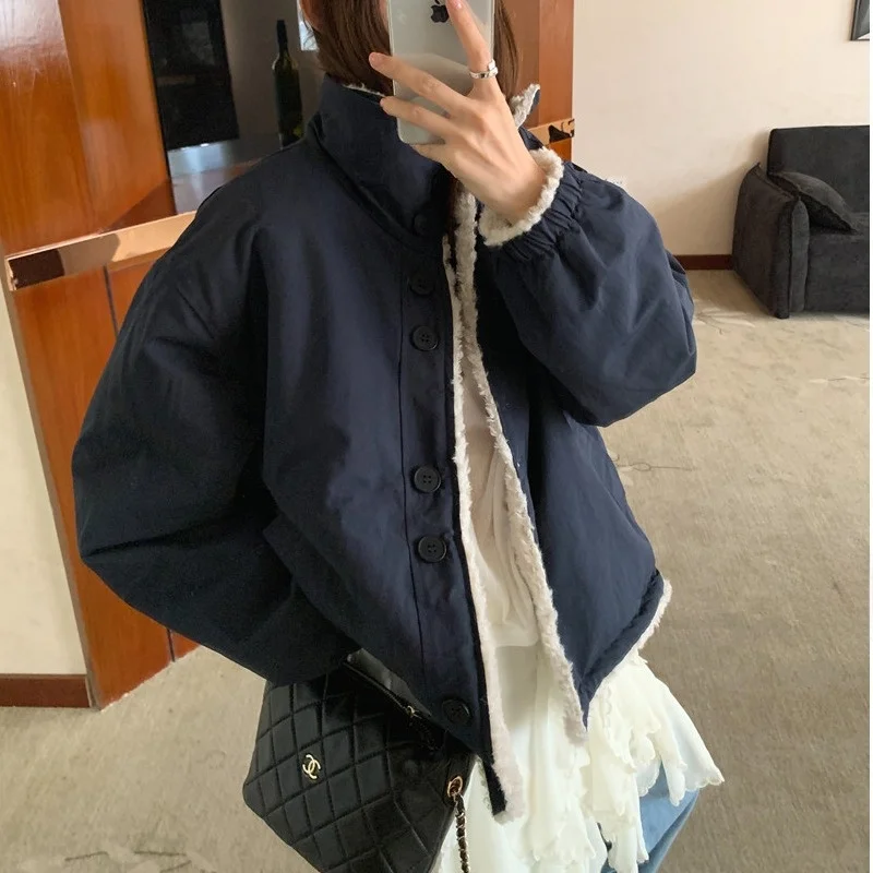 

Women's Cotton Jaet Korean Sle Gentle Lamb Fur ort Loose Warm Double-Sided Wear Stand Collar Single Button Coat Top