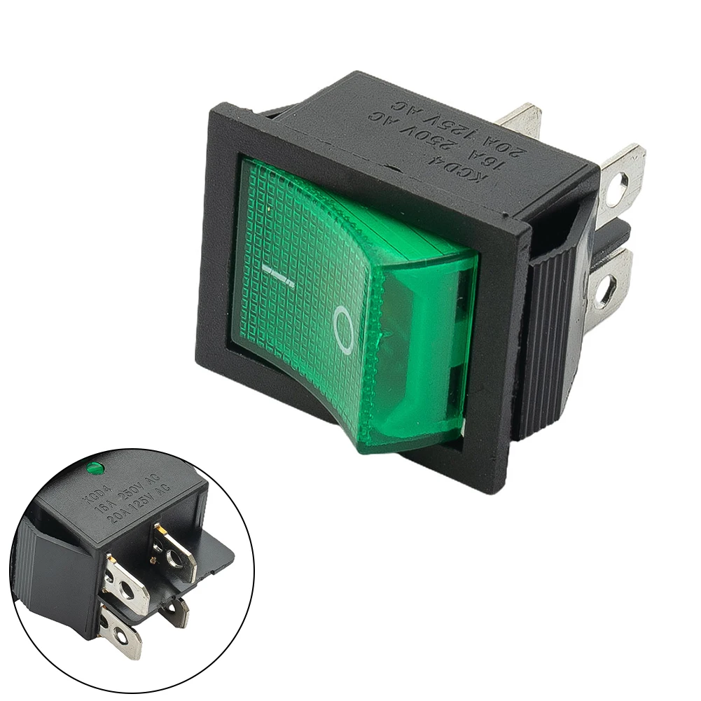 Green Rocker Switch with Waterproof Cover for Household Appliances and Drinking Fountains 4 Pins 16A 250V AC DPST