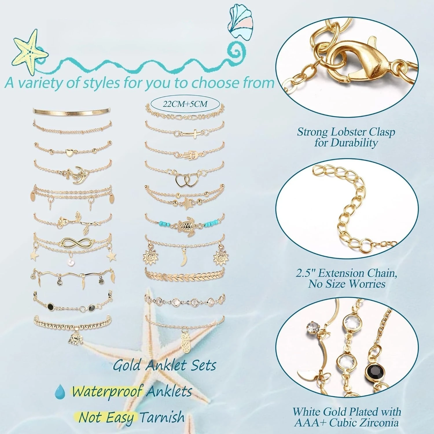 20Pcs Ankle Bracelets for Women Waterproof Summer Beach Anklets Boho Cute Charm Anklets Layered Stackable Womens Anklet Bracelets Set Non Tarnish Foot Jewelr