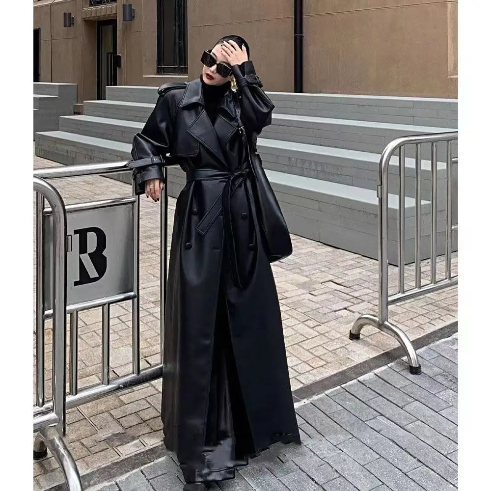 Dames PU-leren jas Reversriem Double-Breasted Luxe Hoge kwaliteit Lente Herfst Lange oversized zwarte leren trenchcoat