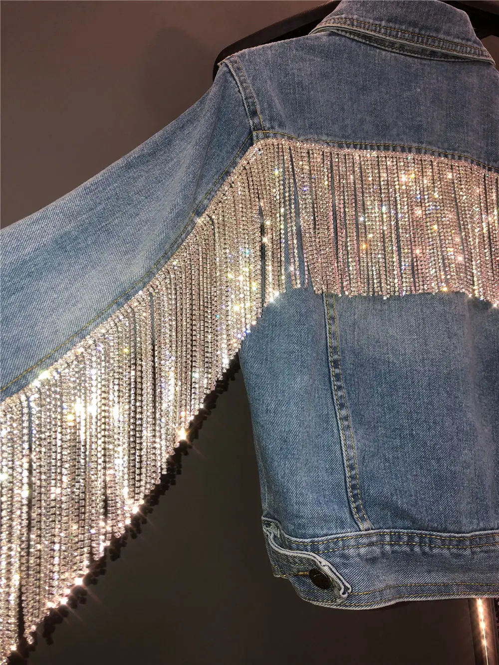 New Bling Rhinestone Tassel Chain Short Denim Jacket Woman Slim Blue Lapel Denim Jackets Ladies Jean Coat Chaqueta Mujer