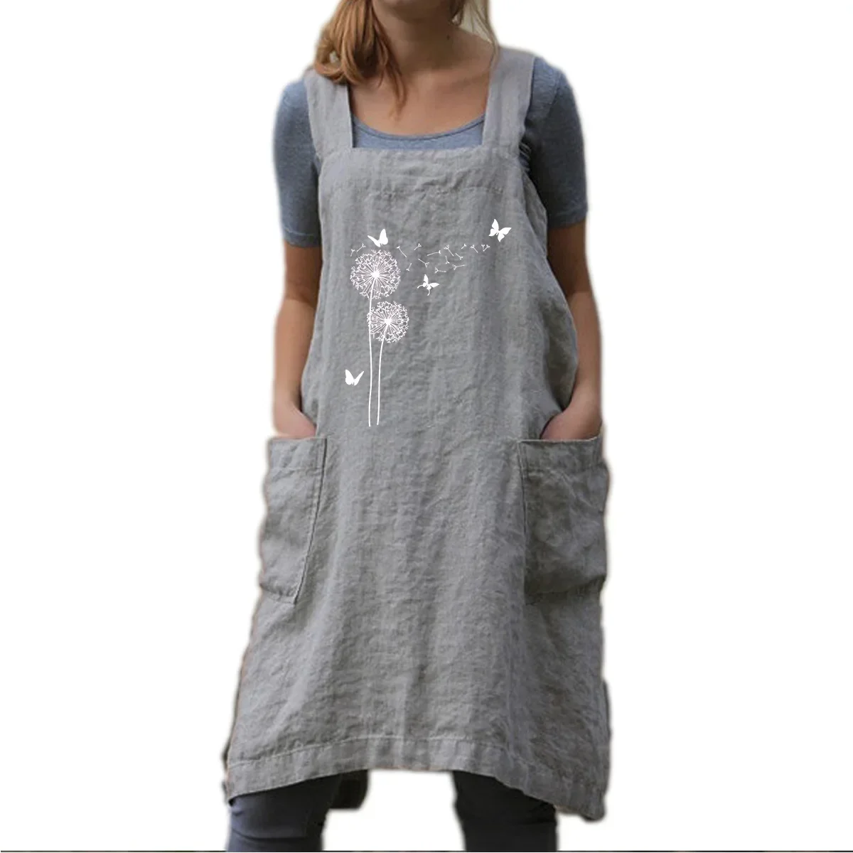 Women\'s S-4XL size Personalized printed cotton and linen apron long circumference home wear loose linen long dress