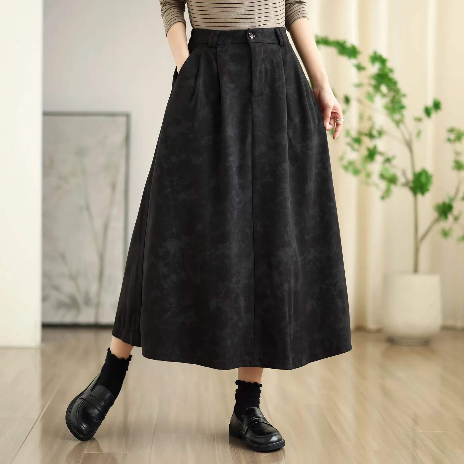 Japońskie Vintage Mori Girl Tie Dye Eleganckie Bawełniane Spódnice Damskie Jesienne Nowe Elastyczne w Pasie Luźne Retro Spódnice Midi w Kształcie Litery A
