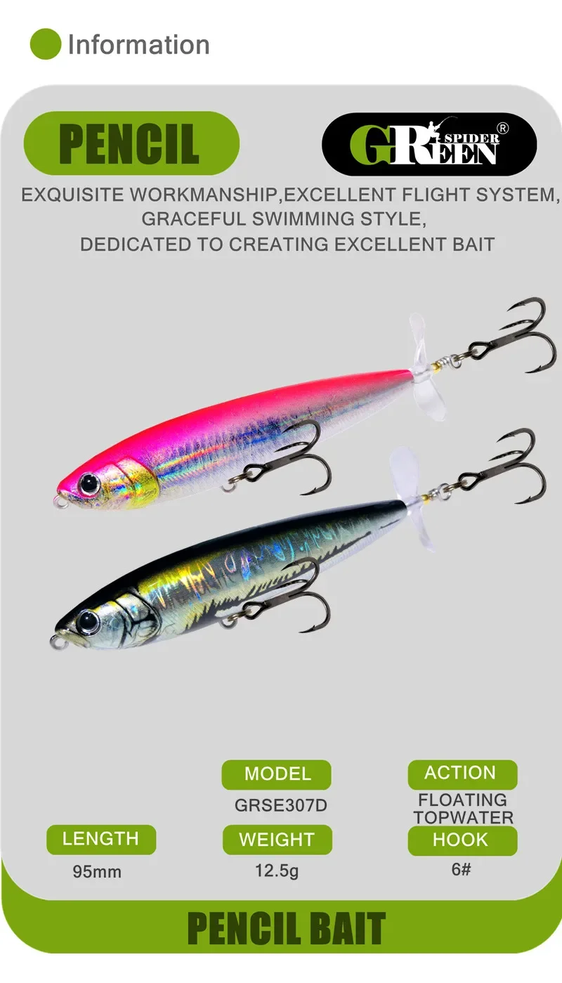 GREENSPIDE Propeller Bleistift Topwater Angeln Köder 95mm 12,5g Bass Fishing Tackle Angeln Zubehör Salzwasser Lockt Fisch Köder – Detail 1