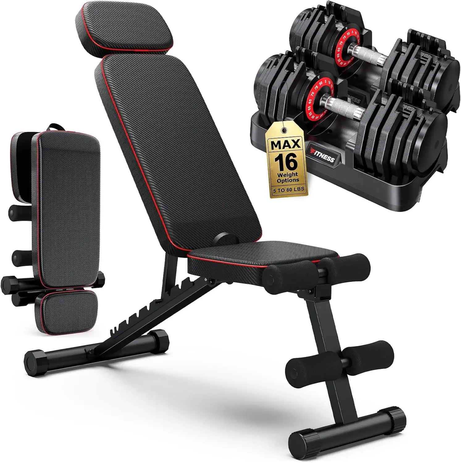 Adjustable Dumbbells Set of 2, 1 Hand Adjustable Weights Dumbbell Set and Workout Bench, 25/55/80lb Pair Weight Set For Home Gym Suit both Men and Women, Compact for Small Space Apartment Room