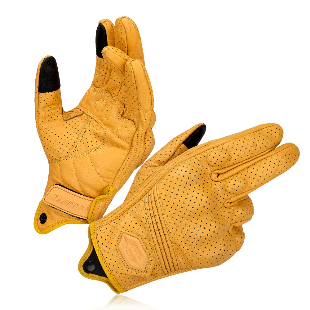 

Retro Yellow Leather Motorcycle Gloves Summer Men Biker Cycling Racing Gloves Breathable Motorbike Motocross Gloves