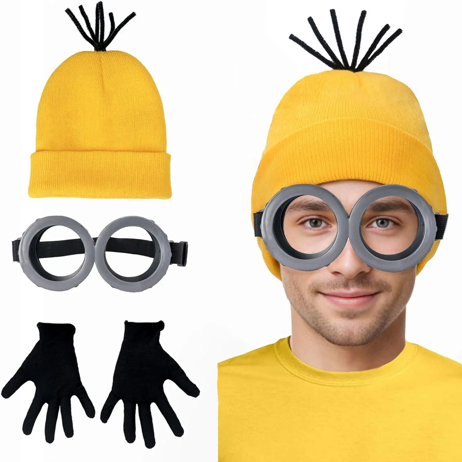 3 PCS Minions Cosplay Costume Man Steampunk Goggles Decorative Glasses Beanie Hats Black Gloves Set Women Halloween Party Cos