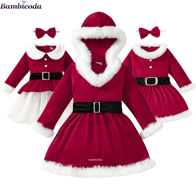 Bebê meninas natal vestidos com capuz papai noel manga longa inverno vermelho festa de natal vestido princesa crianças natal disfraz vestido