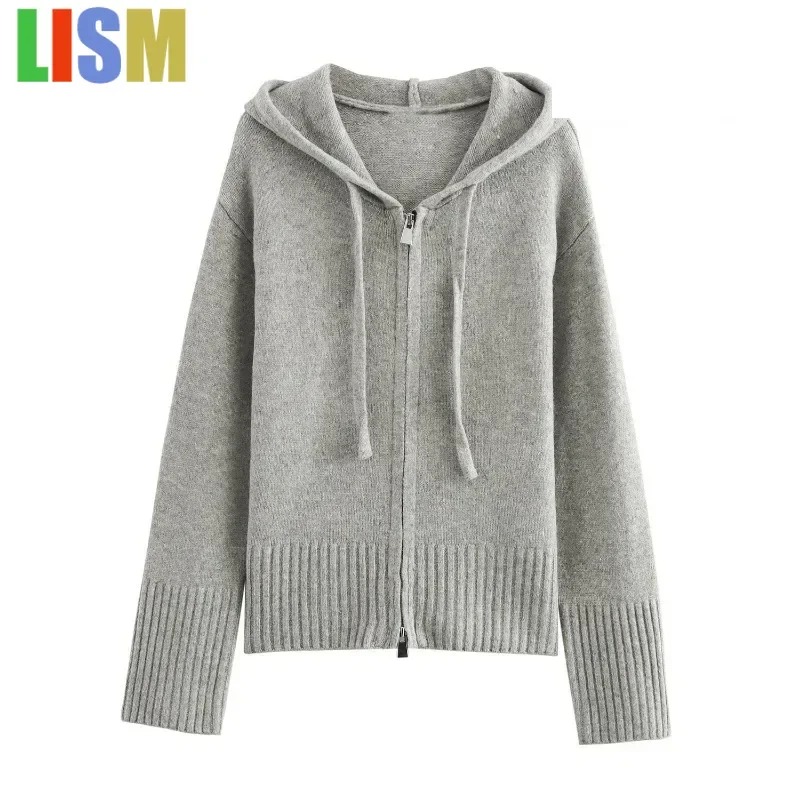 

LISM 2025 Lady Jackets Knit Grey Hoodie Cardigans Solid Y2k Vintage Top Women's Autumn Coat Elegant and Pretty Women's Coats