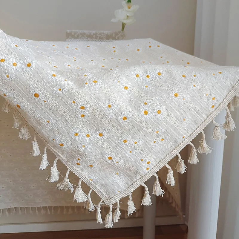 Japanese Style Daisy Tablecloth Cotton Linen Ins Aesthetic Photography Background Cover for TV Stand Coffee Table Boho Decor