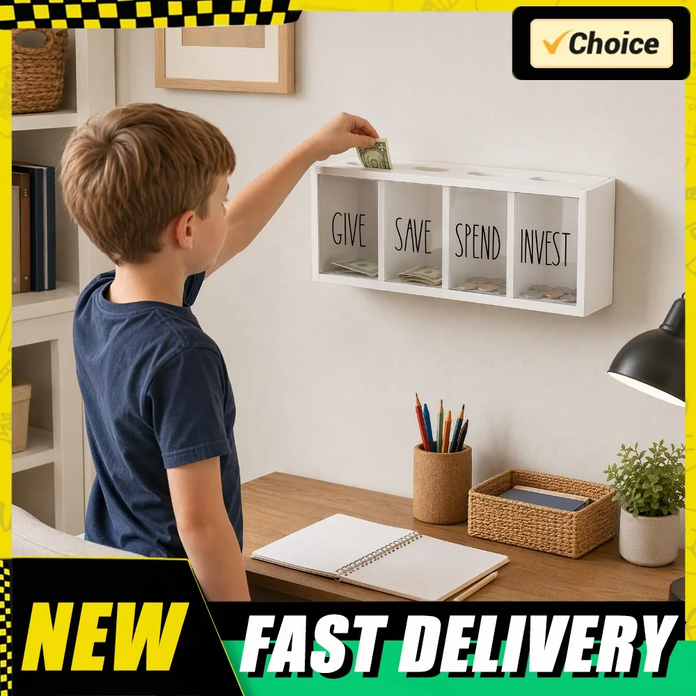 Wood Money Saving Box 4 Compartment Acrylic Window Kids Savings Bank Wall Mountable Magnetic Lid Non-slip