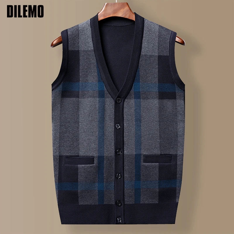 Top Grade New Autum Winter Fashion Brand Cardigan Knit  V Neck Sweater Striped Vest Casual Sleeveless Mens Clothes 2025