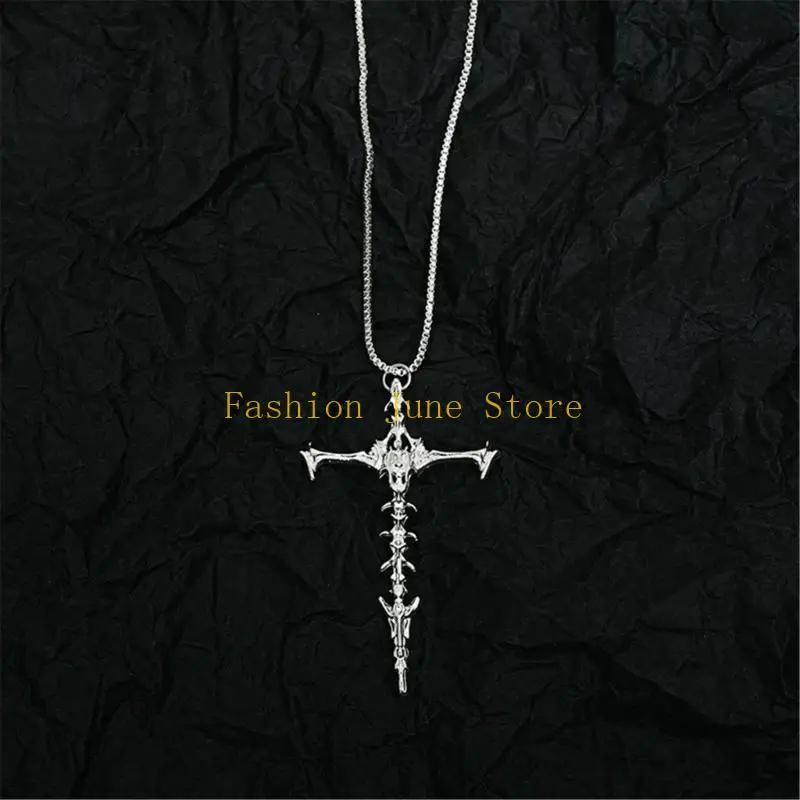 N5KA Skeleton Bone Crucifix Pendant Necklace Edgy Hip Hop Jewelry Piece For Women Men Trendy Alloy Neck Chain