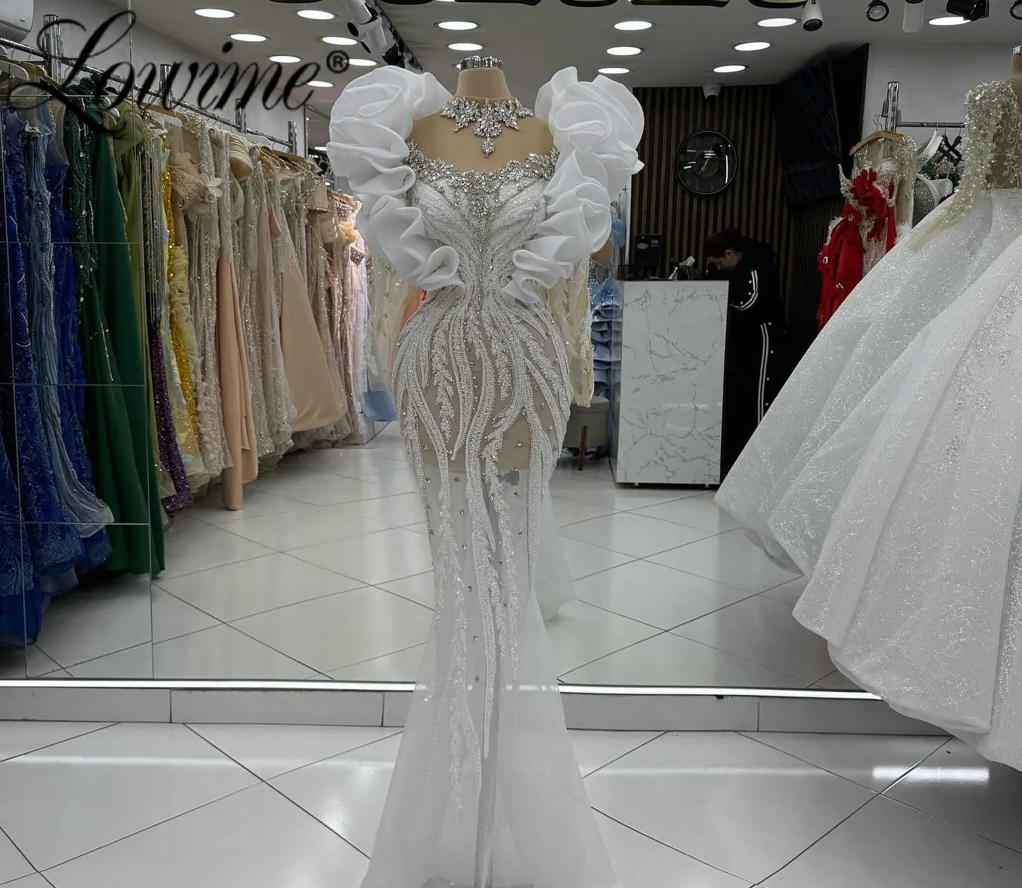 

White Ruffles Long Sleeves Prom Dresses 2026 Sparkle Crystals Beaded Illusion Wedding Reception Evening Party Gowns Customized