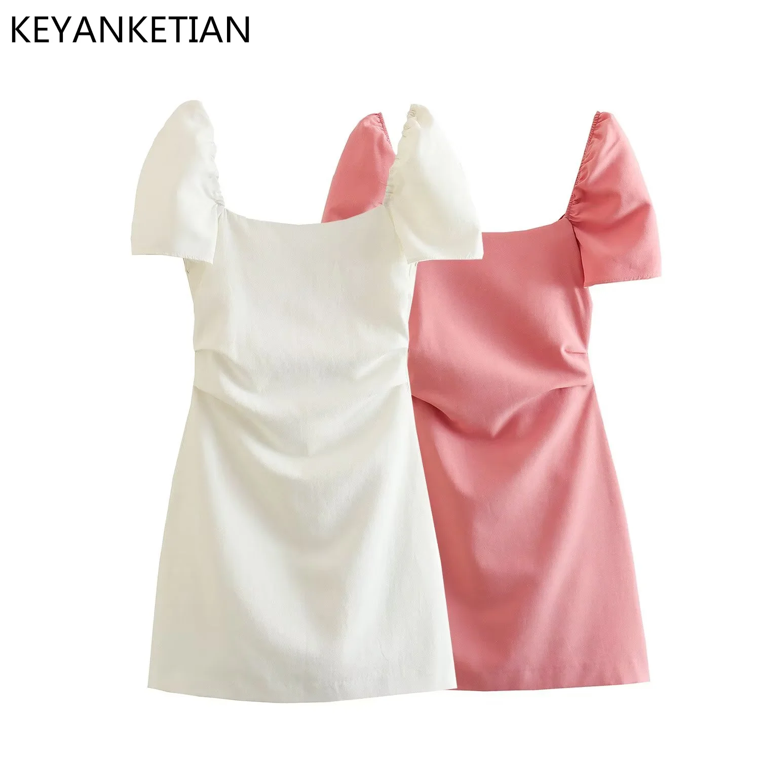 Keyanketian ชุดกลวงแขนสั้นสไตล์สาวๆ, ROK MINI แบบสั้นหวานๆโชว์หลังเข้ารูปสำหรับฤดูร้อน