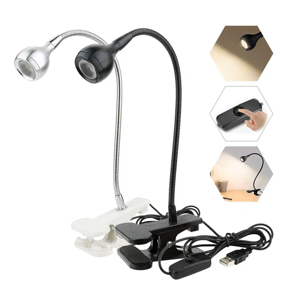 Bombilla de lectura con Clip, luces Led de 3w, iluminación interior, escritorio, Usb, Mini mesita de noche, tubo de Metal Flexible, lámparas de mesa, lámpara de noche