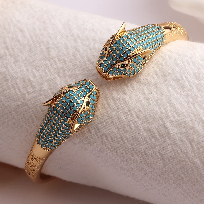 New Arrived Double Leopard Head Statement Bracelet Bangle for Women Grils Copper Metal Gold Plated Turquoise Animal Bracelet