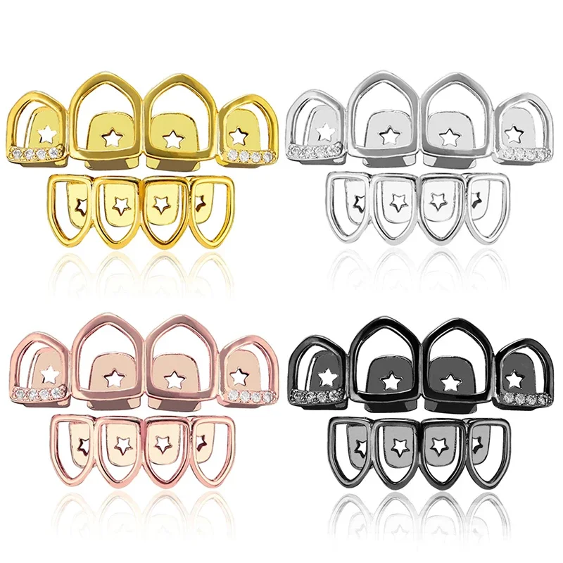 Plated Gold 4 Teeth Grills Set, Diamond Grills Fangs Top and Bottom Open Face Star Mouth Grills Set for Men Women