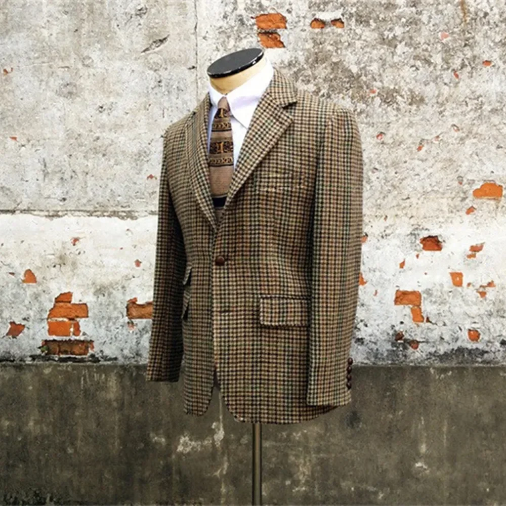 Men\'s Tweed Suit Hound\'s-tooth Tailored Jacket Blazer Pure Wool Wedding Suit for Men 2021 Vintage Jacket Elegant Casual Clothes