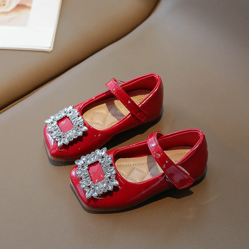 Retro Rhinestone Square Buckle Girls' Princess Shoes New Patent Leather Square Toe Flat Shoes Children's Single Shoes