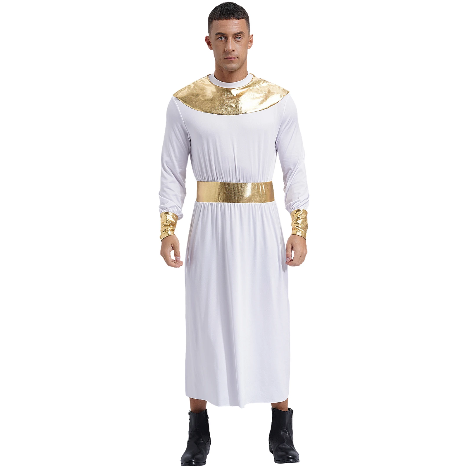 

Mens Egyptian Pharaoh Cosplay Costume Ancient Greek Roman Toga Long Sleeve Metallic Shiny Robe Halloween Theme Party Dress Up