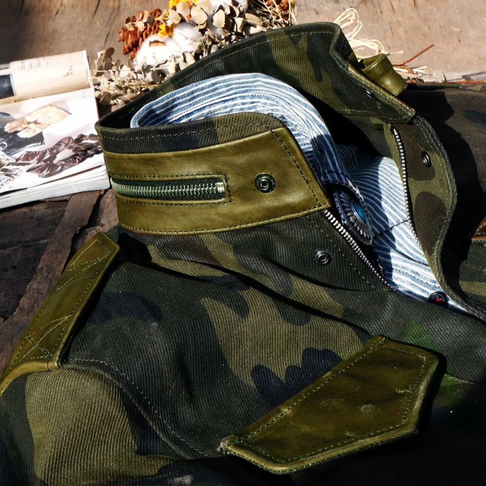 Brando European Size Tailor Heavyweight Japanese Hyogo Cowhide & 22OZ Camouflage Soft Wax Canvas Military M65 Waterproof Jacket