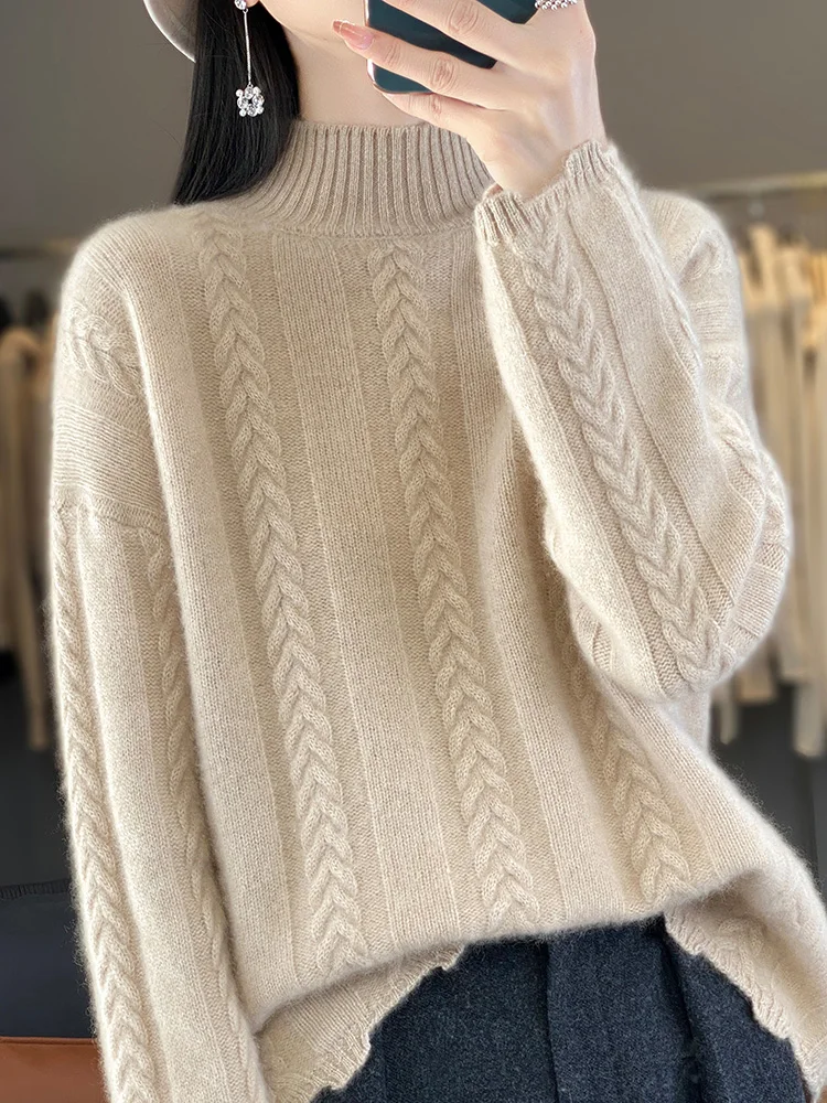 

Chic New Women Autumn Winter Turtleneck Wheat Ear Jacquard Pullover Cashmere Sweater Casual Style 100% Merino Wool Knitwear Tops