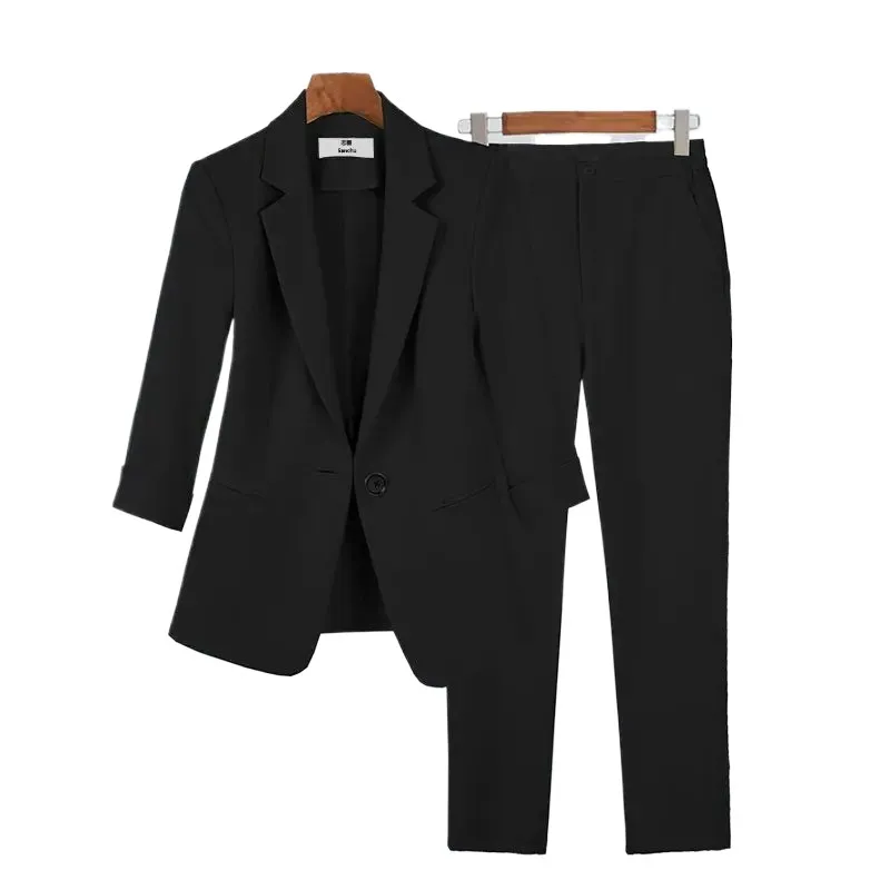 Ensemble assressentideux pièces professionnel noir imbibé pour femmes, blazers décontractés élégants coréens, veste et pantalon d\'été, vêtements