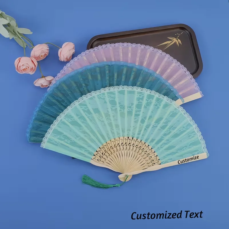 Personalized Custom Logo and Text, Laser-Engraved Names and Dates Are Possible, Suitable for Weddings, Parties, Banquets, Vintage Lace Folding Fans, Lace-Edged Women's Fans, Summer Orchid Fans, Dance Performances, Photography Props, and Photo Shoots
