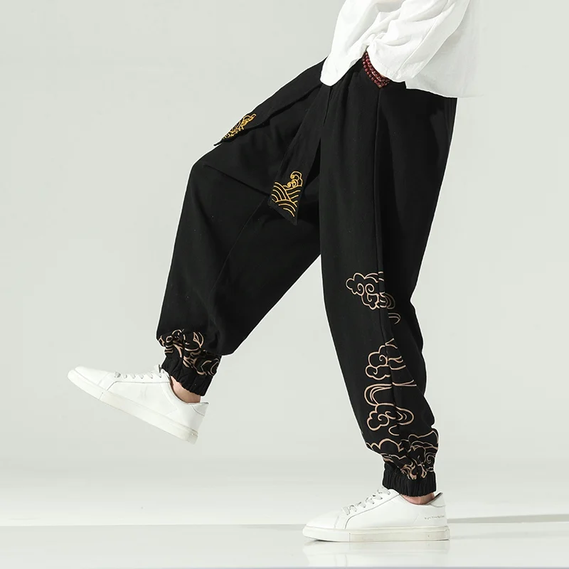 

Cotton Pants Baggy Male Print Cross-pants Harem Linen 2023 Men Hip Hop Joggers Bloomers Streetwear Wide Legs