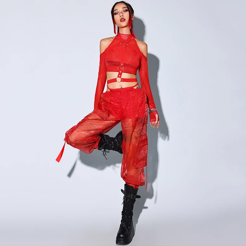 ชุดเต้นแจ๊สสไตล์เคป๊อปสำหรับผู้หญิง ชุดสีแดงสำหรับผู้ใหญ่ ชุดนักร้องดีเจในไนต์คลับ ชุดนักเต้นโกโก้ ชุดแสดง ชุดดราควีน ชุดเรฟ BL13353