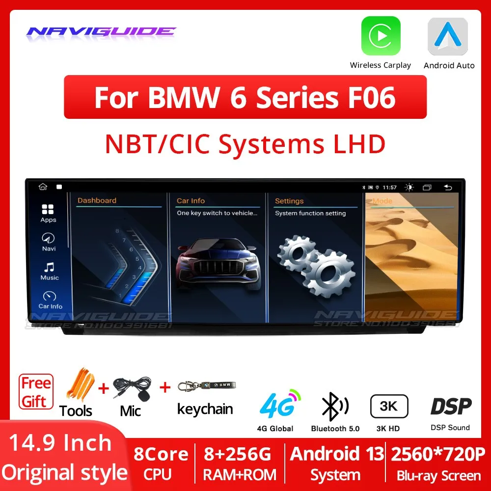 NAVIGUIDE Android 13 14.9 Inch 2560*720P For BMW 6 Series F06 2010-2017 CIC NBT System LHD Car Radio Multimedia Player CarPlay