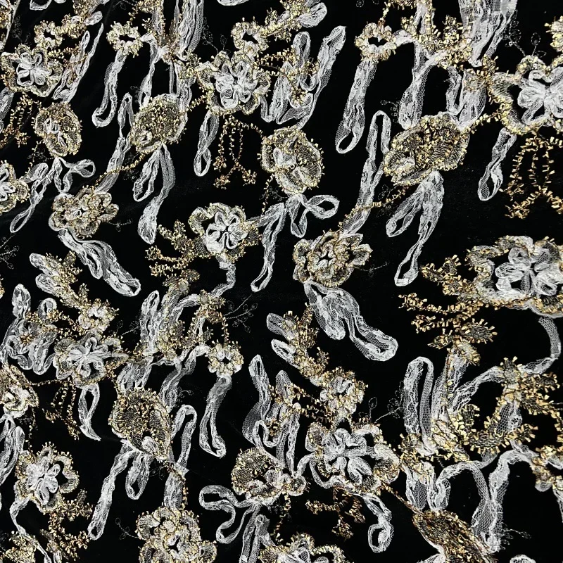 Tela de terciopelo bordada de alta gama con hilo dorado, trenzada en 3D, para diseñadores de ropa, ideal para blusas y chaquetas.