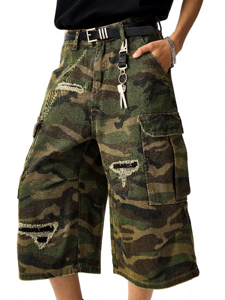Retro americano Waed camuflaje siete pies hombres destruidos sueltos pierna ancha orts ropa Casual tendencia juvenil Jeans ropa de trabajo