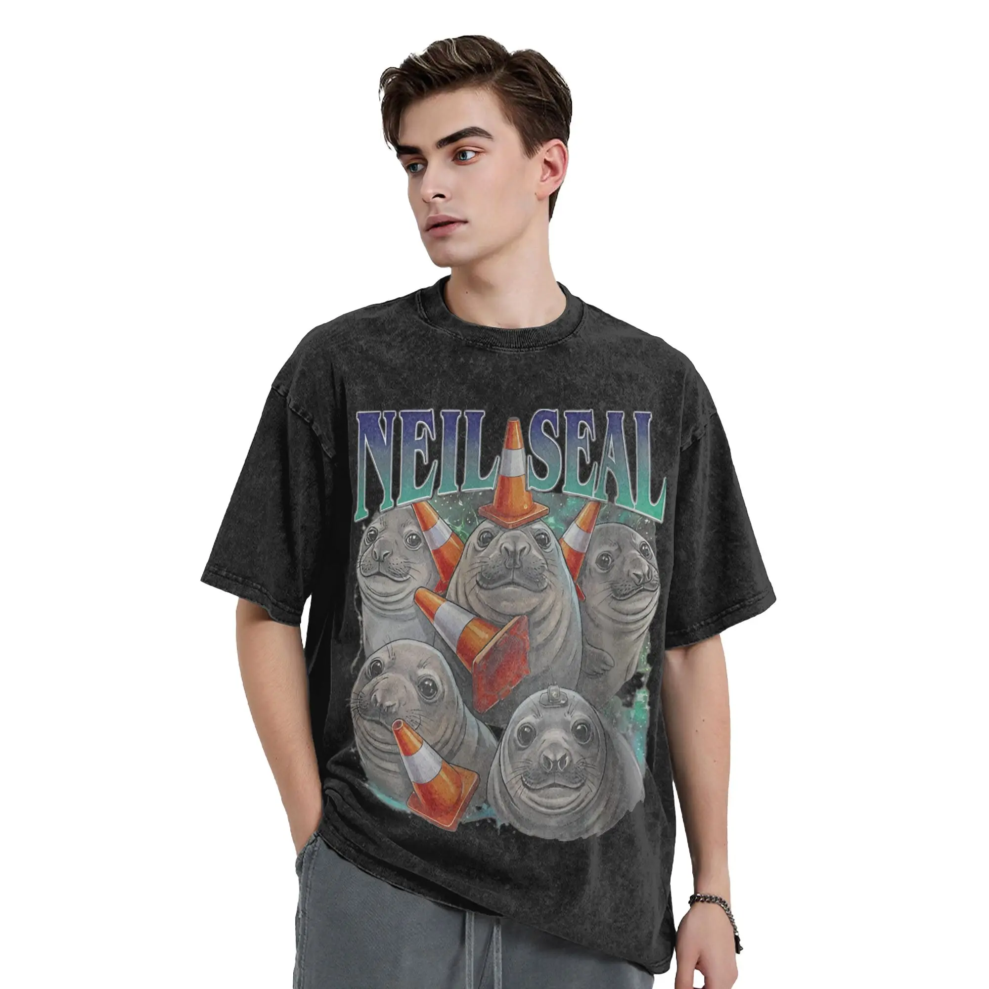 Neil the Seal Animal T Shirts Hip Hop Washed Cotton Harajuku T-Shirts  Vintage Men Women Tops Streetwear Summer Tops Tees