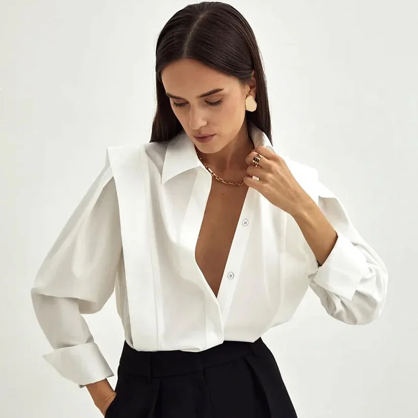 Women Blouse Right Angle Shoulder White Shirt Casual Button Turn Down Collar Tops Small Set Long sleeved Shirt Top