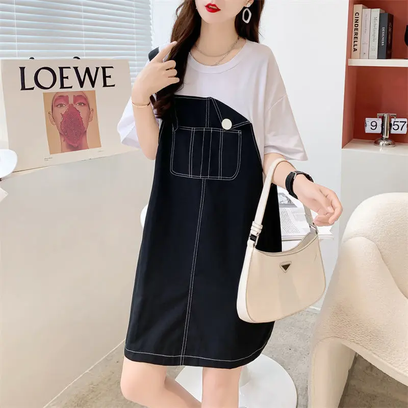 Street Casual Patchwork Short Sleeve T Shirt Dress Summer New Contrast Loose Youth Korean Tops Vintage Fashion Women Clothing