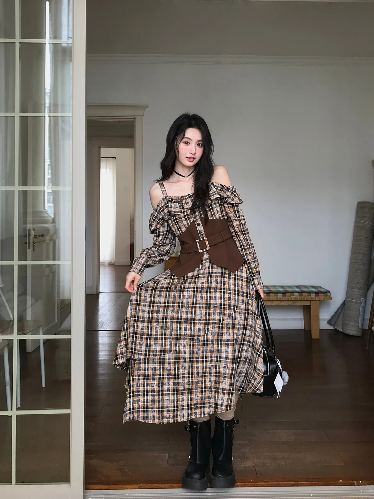 

Женское повседневное платье миди большого размера с принтом в клетку, с высокой талией, длинными рукавами, осеннее, для отпуска, для полных женщин