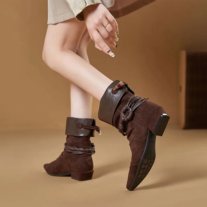 الرجعية الجلود مطوية الأحذية الغربية المرأة الخريف الشتاء اتجاهين ارتداء أشار تو كعب رقيقة تنورة متوهج الأحذية #4