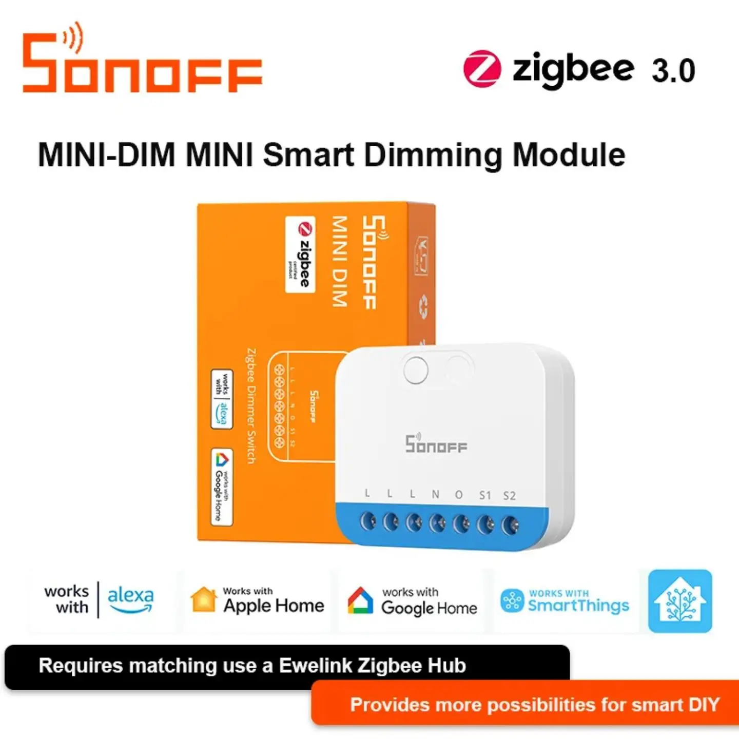 SONOFF Smart Switch Zigbee MINI-ZBDIM Extreme Dimmer Broader Lamp Compatibility Real-Time Power Monitoring Overheat Protection