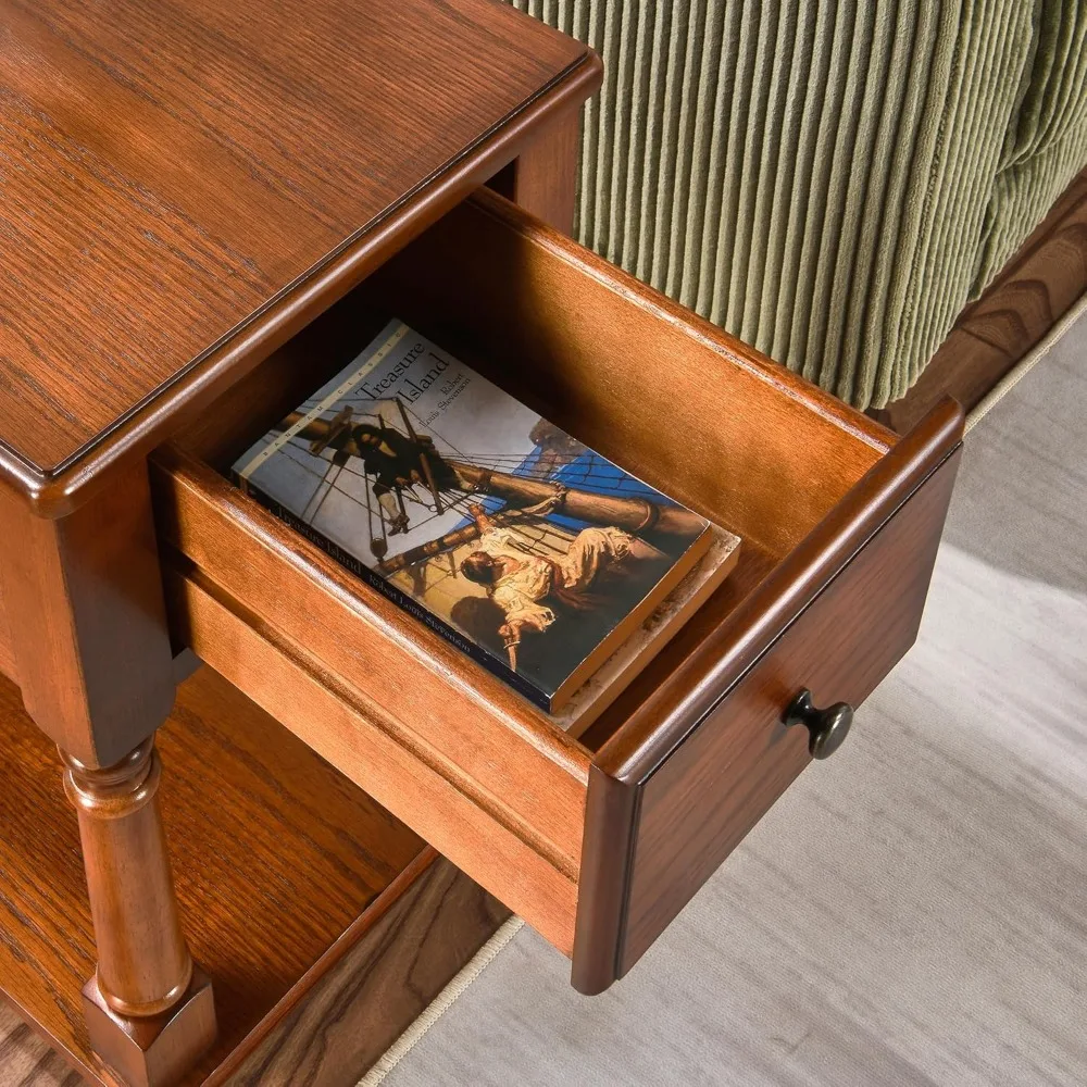 Mesa auxiliar de madera maciza de estilo vintage de mediados de siglo con cajón y estante para espacios habitables modernos