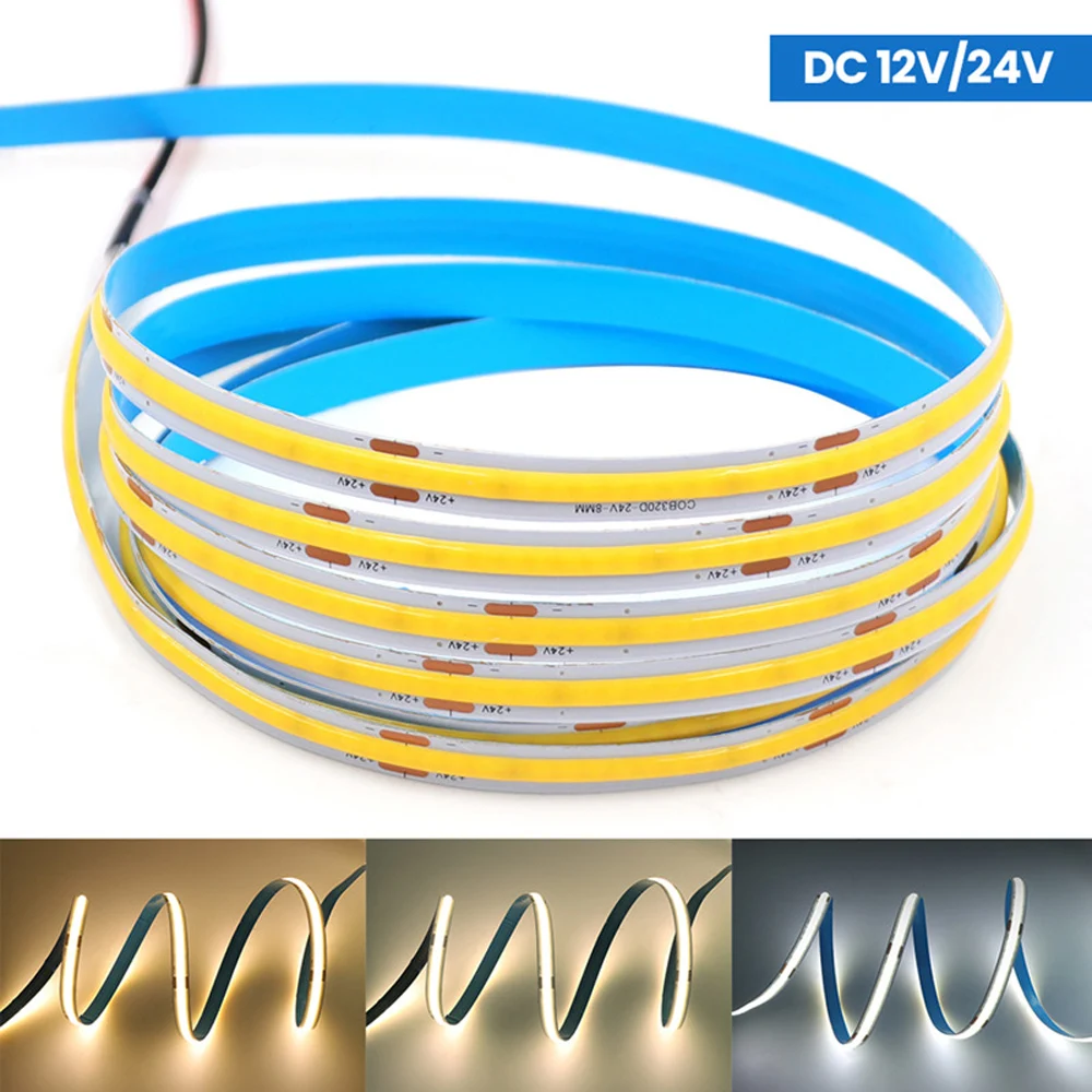 COB LED Strip Light 12V 24V 320LEDs/M 1M- 5M 10M COB Flexible LED Strip Bar Tape Ribbon High Brightness Dimmable For Room Decor