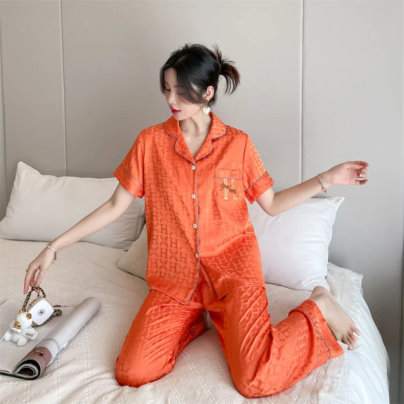 Ice Silk Pajamas Women's Summer New Style Short Sleeve Comfort Thin Out Wear Home Pyjamas Suit Set