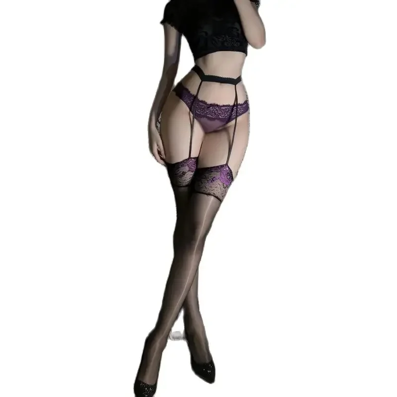 Sexy renda brilhante suspender meias femininas vermelho preto roxo medias influenciador francês joelho meias altas virilha aberta transparente