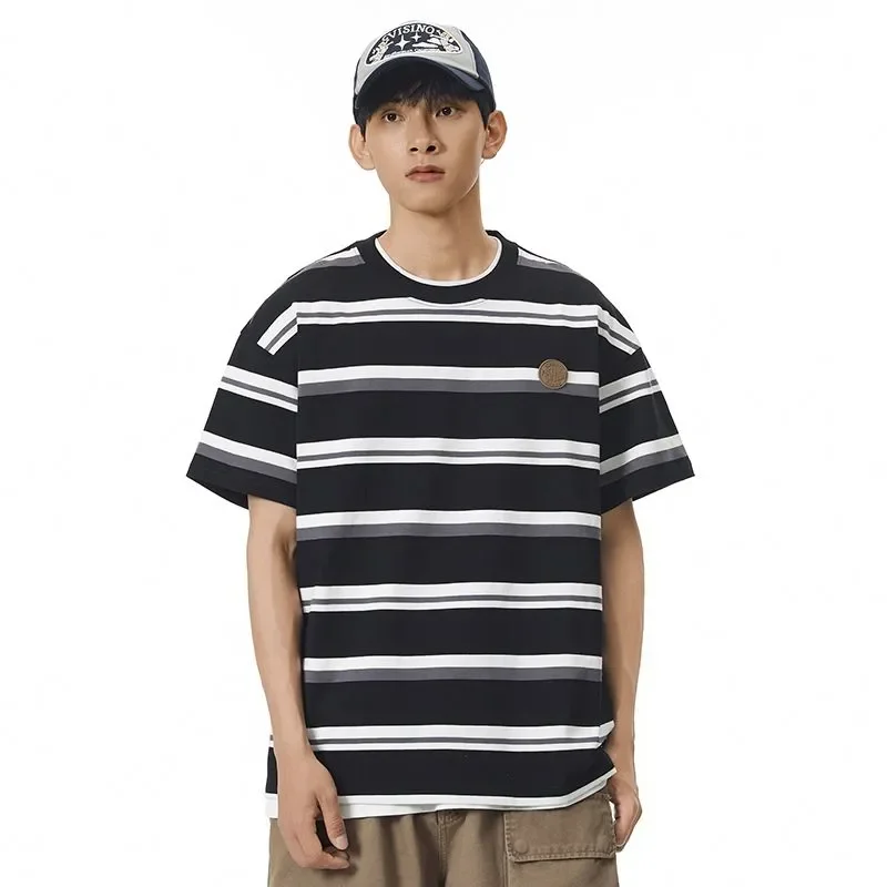 Minimal Unisex Summer Cotton 230G Striped Contrast Collar Crew Neck Loose Short Sleeve T Shirt Daily Street Tops S-4XL
