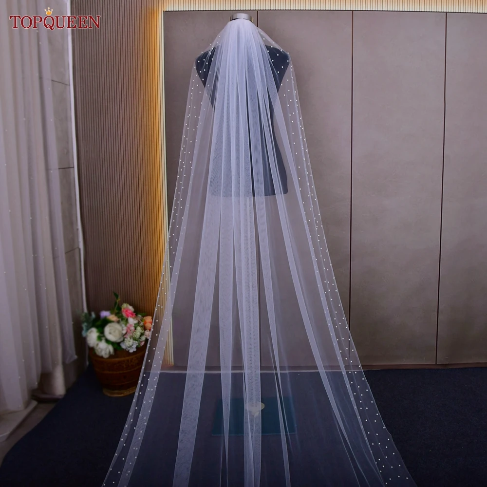 TOPQUEEN Pearls Wedding Veils with Comb Bridal Veil Type Layer Dramatic 1 Tier Pearl Veil Bridal Veils Bead Wedding Veil V157