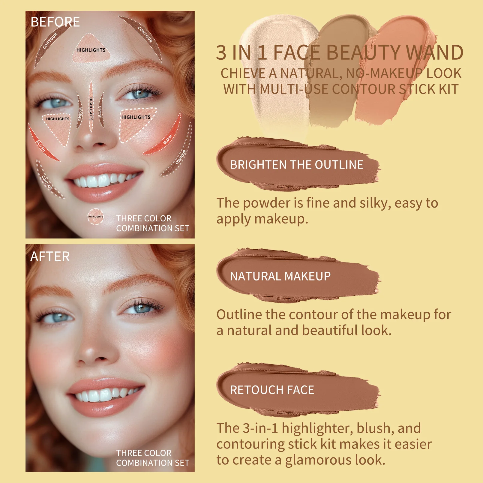 4-delige concealerstickset met borstel Creëer een lichtgewicht afwerking Make-up Markeerstift & Bronzer & Blush Sticks Fleuren het gezicht