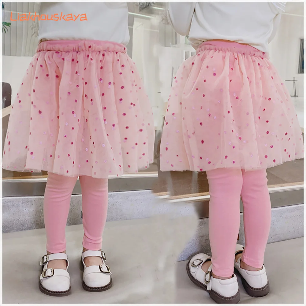 2025 Autumn New Girls Skirt Leggings Fake Two Piece Mesh Skirt Pants Toddler Girls Casual Outerwear Pants for 2-8 Years Kids