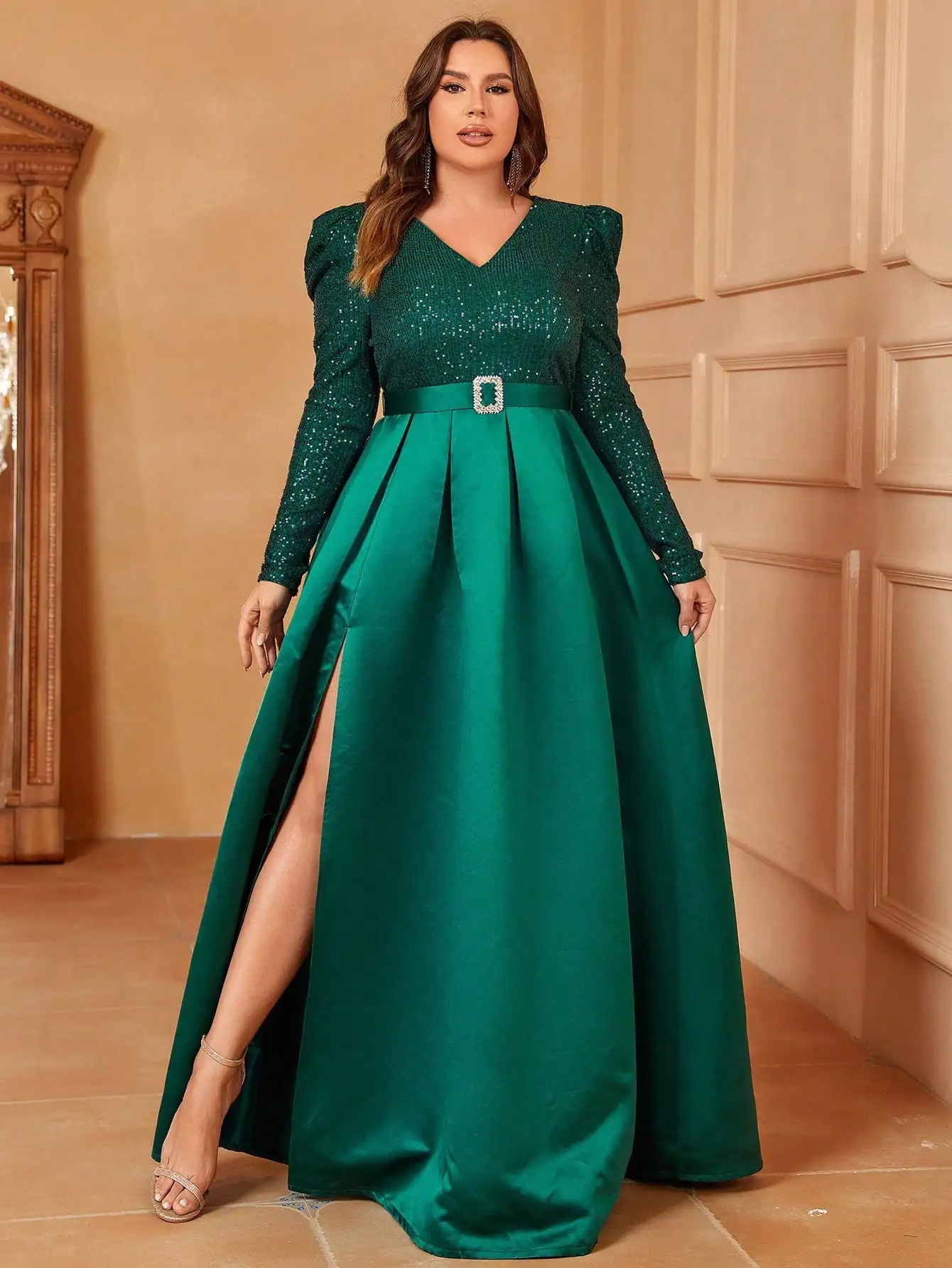 Robe en Satin à Paillettes et Manches Gigot, avec Ceinture, pour Abonnés Plus