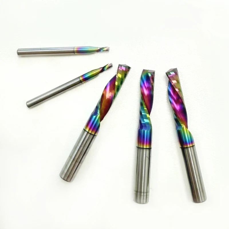 10pcs/Lot CNC Mill Carbide Milling Cutter 3.175/4/5/6/8mm Down Cut Colorful Coated AAA 1 Flute Spiral Milling Cutter Router Bit